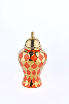 Cornella 33 Cm Turuncu Gold Dama Desenli Seramik Vazo ( Jupıter-660 ) - 1