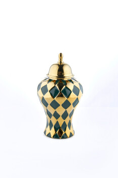 Cornella 33 Cm Yeşil Gold Dama Desenli Seramik Vazo ( Jupıter-670 ) - 1