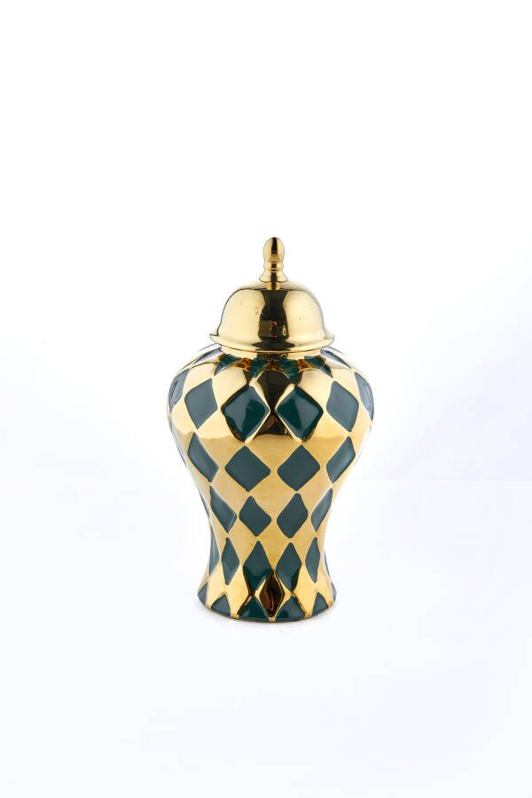 Cornella 33 Cm Yeşil Gold Dama Desenli Seramik Vazo ( Jupıter-670 ) - 1