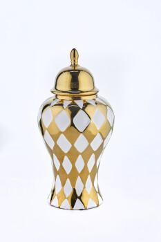 Cornella 45 Cm Beyaz Gold Dama Desenli Seramik Vazo ( Jupıter-600 ) - 1