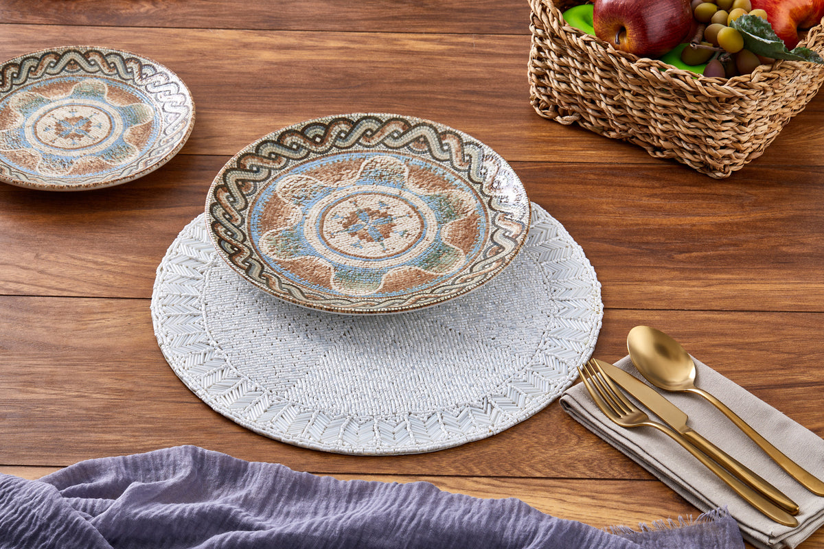 Cornella Lena Balık Sırtı Boncuk İşlemeli Yuvarlak Amerikan Servis Supla