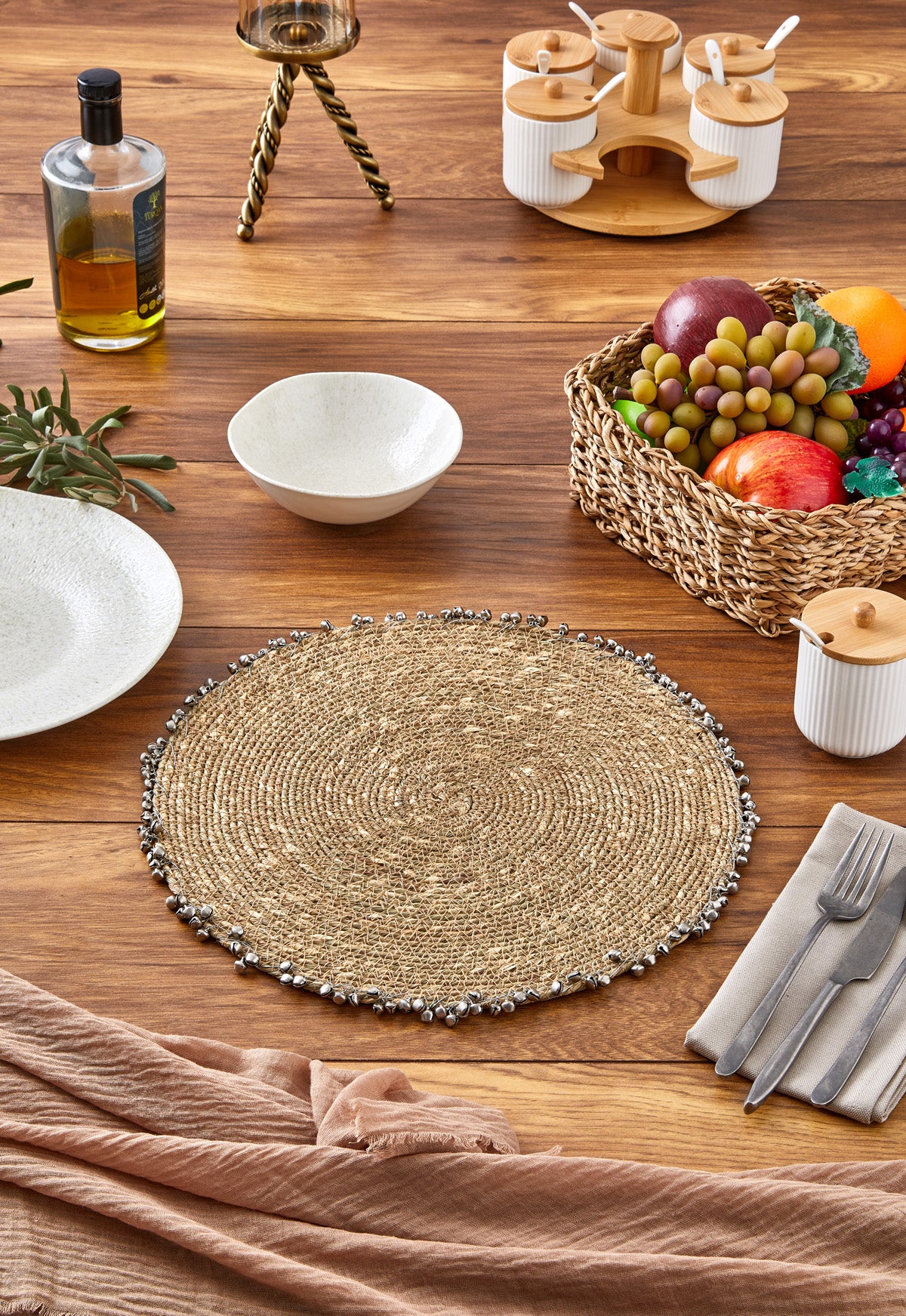 Cornella Seagrass Hasır Yuvarlak Amerikan Servis Supla Silver