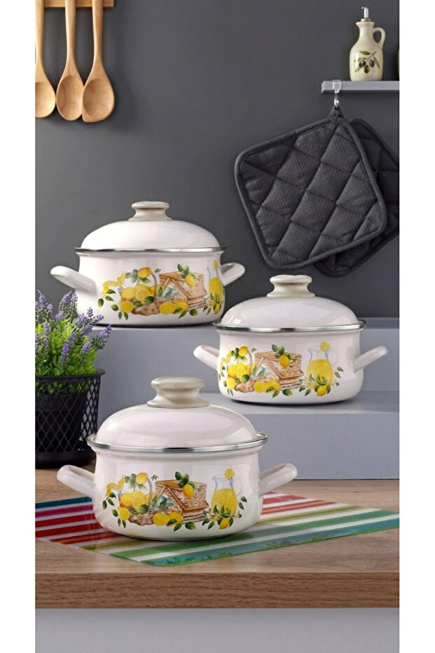 Bonera Emaye 6 Parça Krem Set Limon Dekor