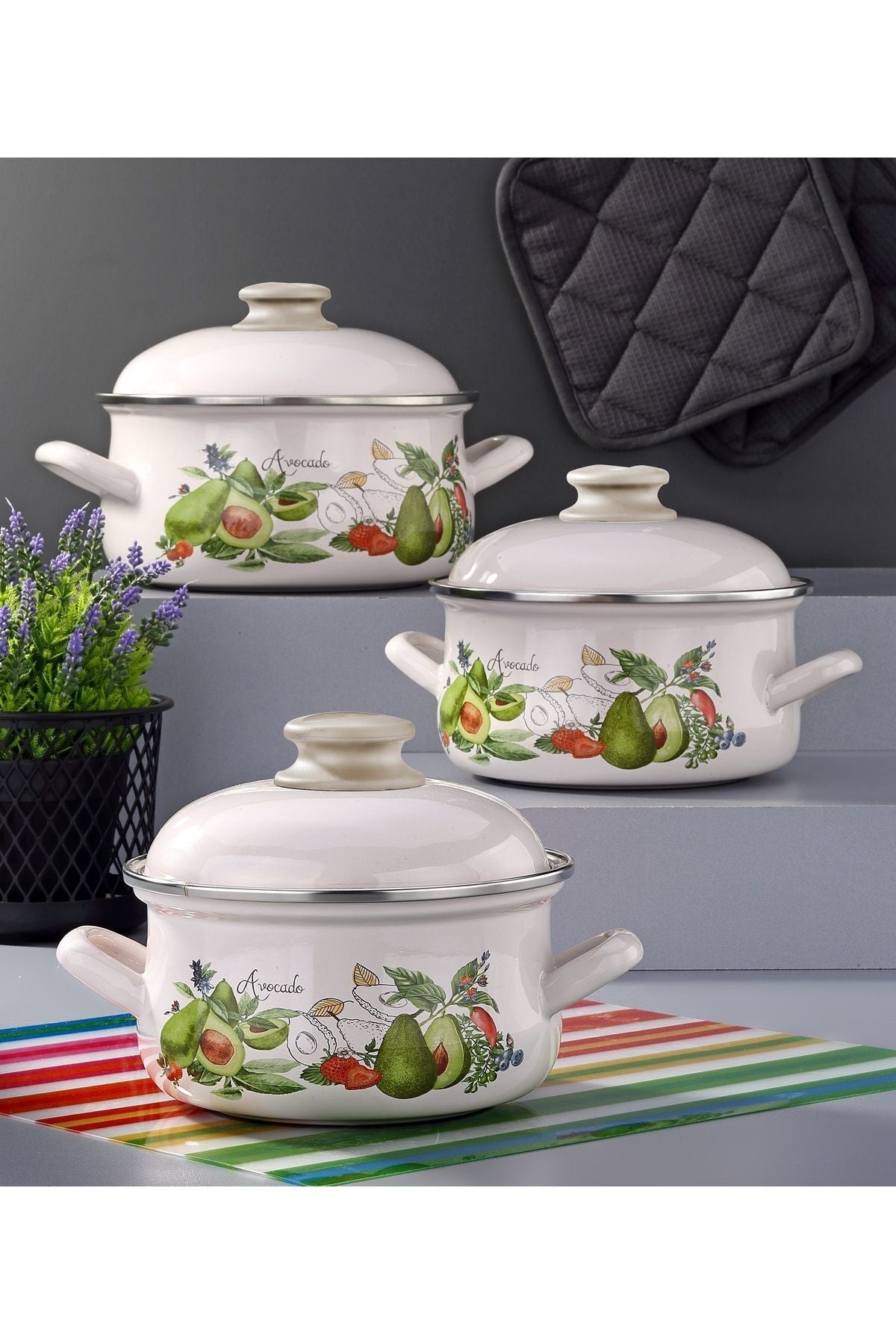 Bonera Emaye 6 Parça Krem Set Avokado Dekor