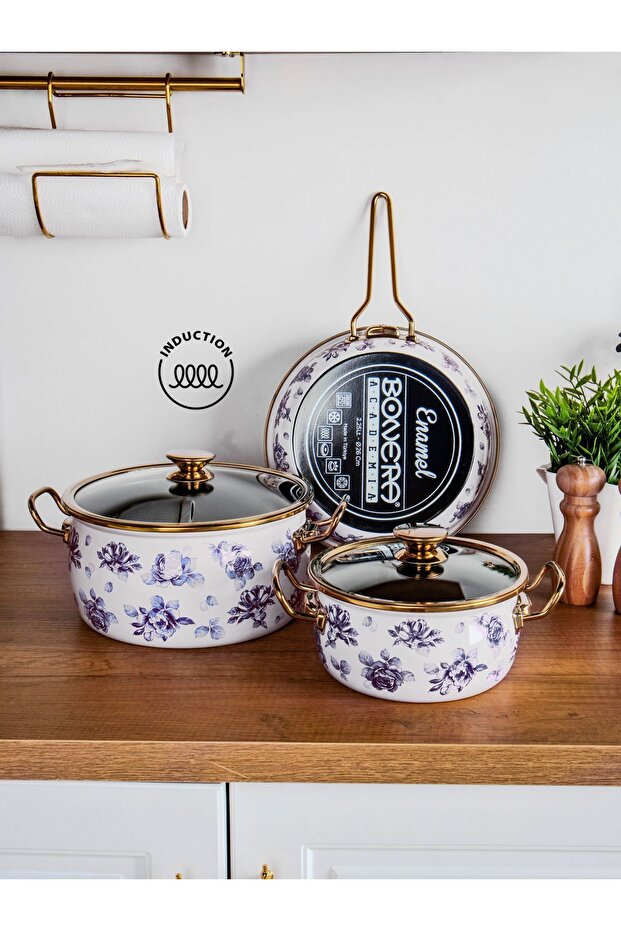 Bonera Lilium Emaye 7 Parça Mavi Gül Desenli Güveç Set Krem