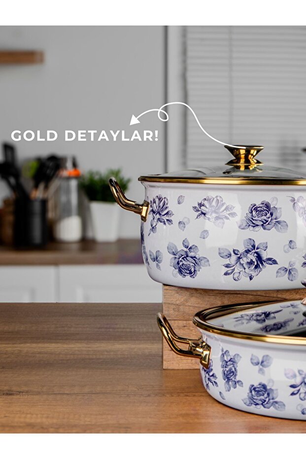 Bonera Lilium Emaye 7 Parça Mavi Gül Desenli Güveç Set Krem