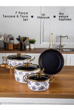 Bonera Lilium Emaye 7 Parça Mavi Gül Desenli Güveç Set Krem