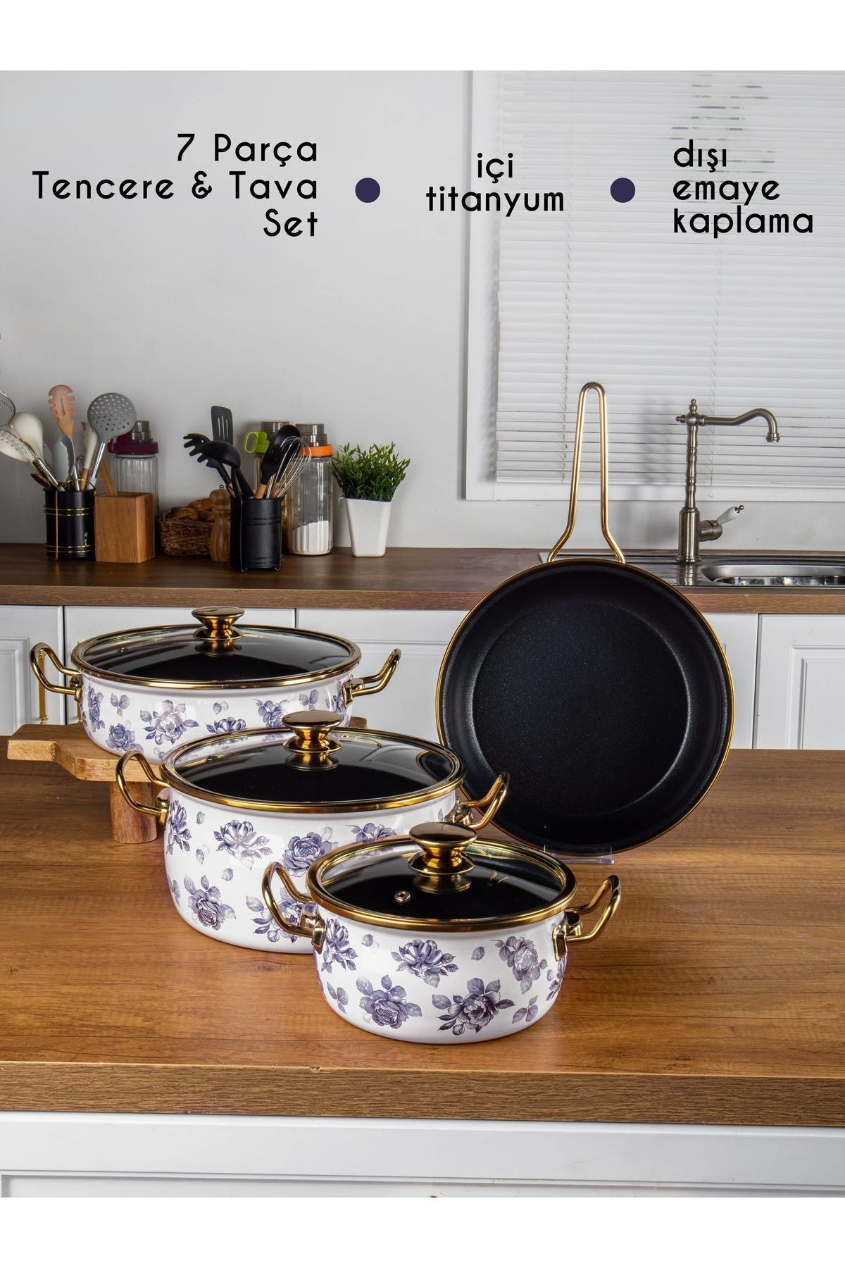 Bonera Lilium Emaye 7 Parça Mavi Gül Desenli Güveç Set Krem