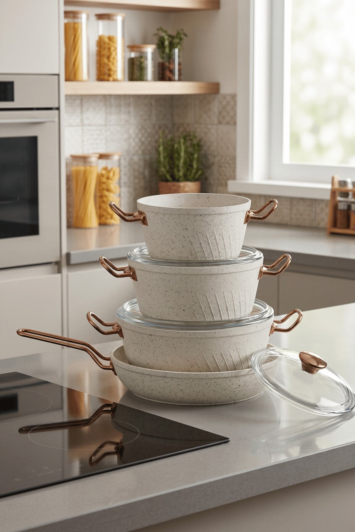 Bonera Milena 7 Parça Kar Beyazı Granit Rose Gold Kulp Tencere Tava Seti