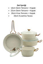 Bonera Milena 7 Parça Kar Beyazı Granit Rose Gold Kulp Tencere Tava Seti