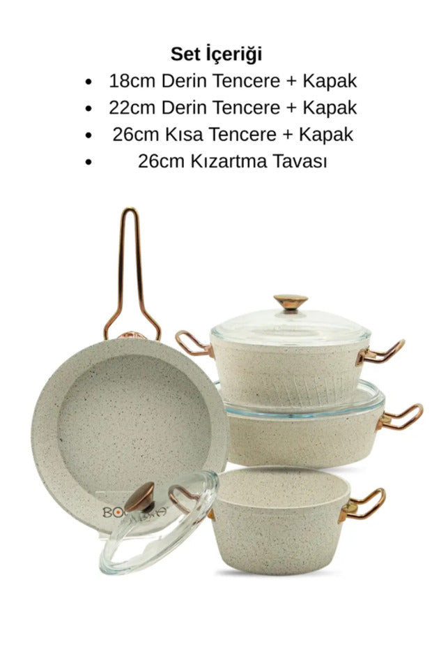 Bonera Milena 7 Parça Kar Beyazı Granit Rose Gold Kulp Tencere Tava Seti