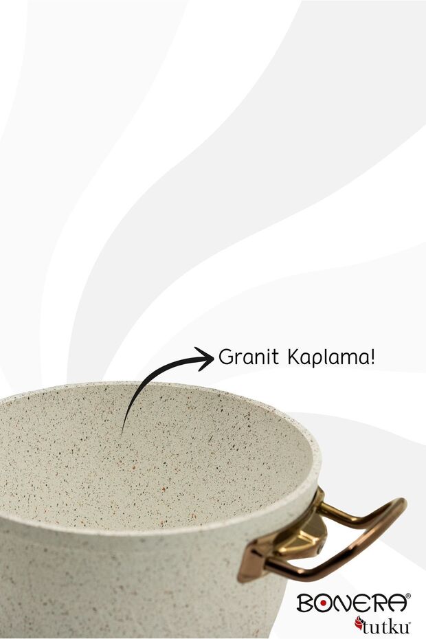 Bonera Milena 7 Parça Kar Beyazı Granit Rose Gold Kulp Tencere Tava Seti
