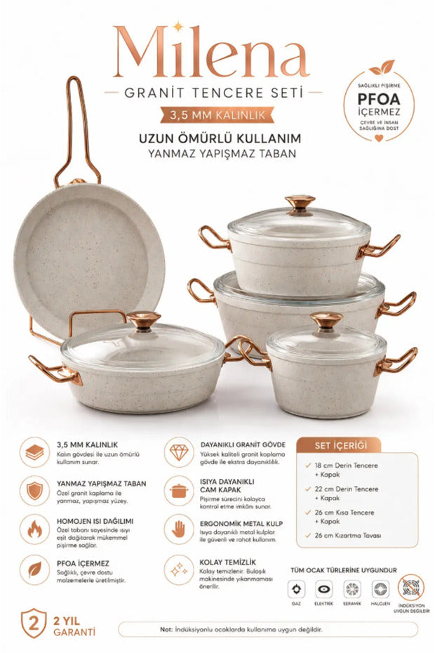 Bonera Milena 7 Parça Kar Beyazı Granit Rose Gold Kulp Tencere Tava Seti