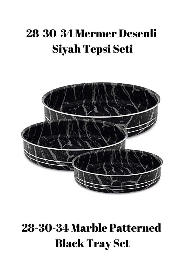 Bonera Montella 3'lü Mermer Desenli Siyah Beyaz Tepsi 28-30-34 Cm