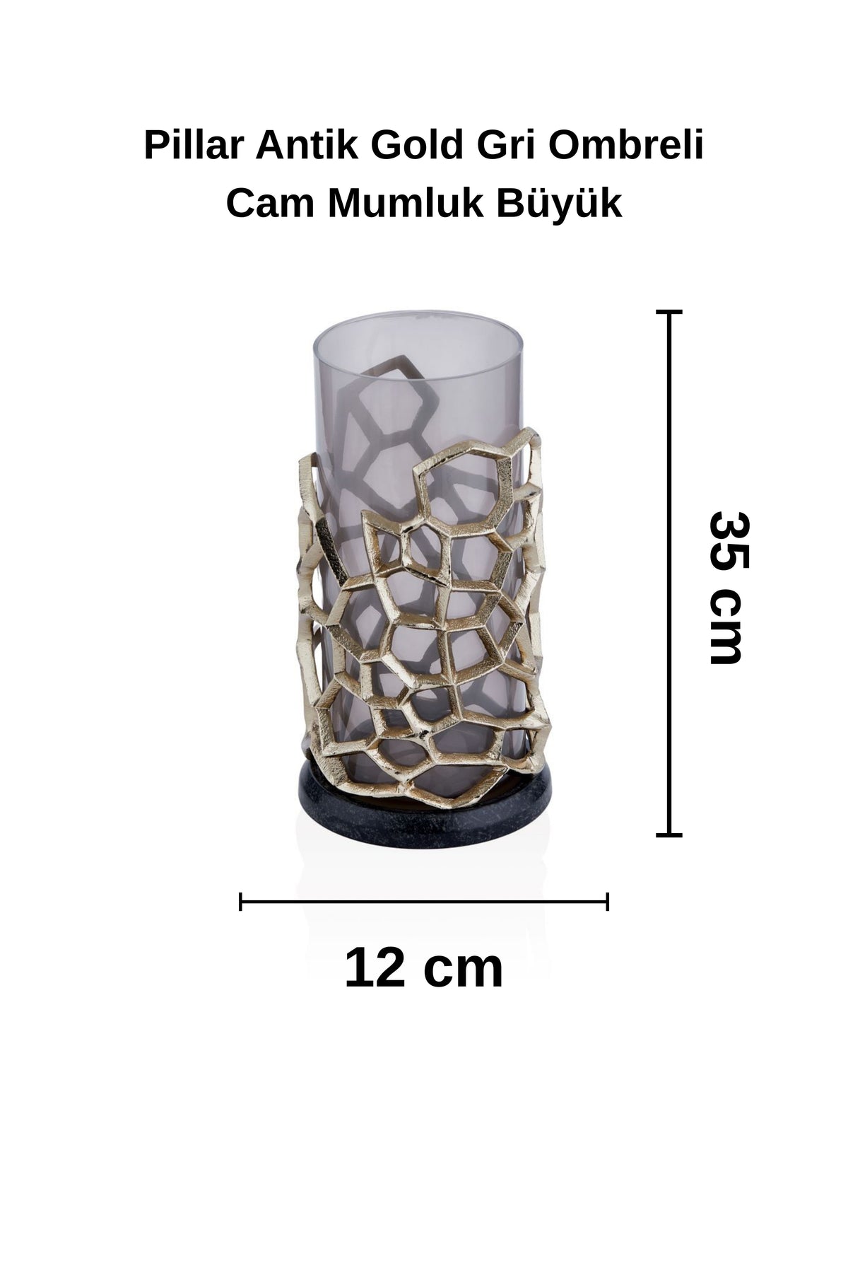 Pillar Antik Gold Gri Ombreli Cam Mumluk Büyük / Ağız: 12 cm x Boy: 35 cm