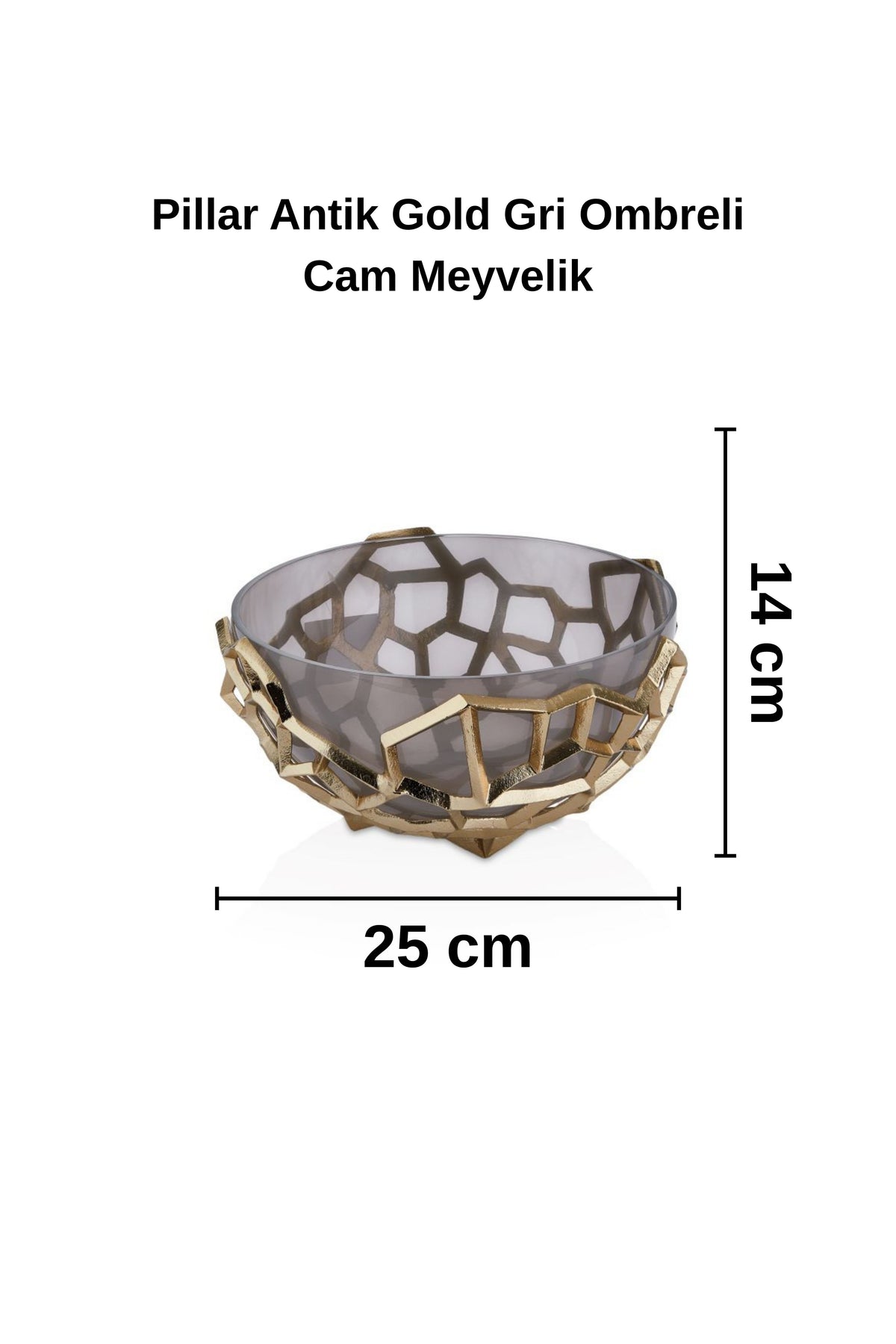 Pıllar Antik Gold Gri Ombreli Cam Meyvelik / Çap: 25 cm x Boy: 14 cm