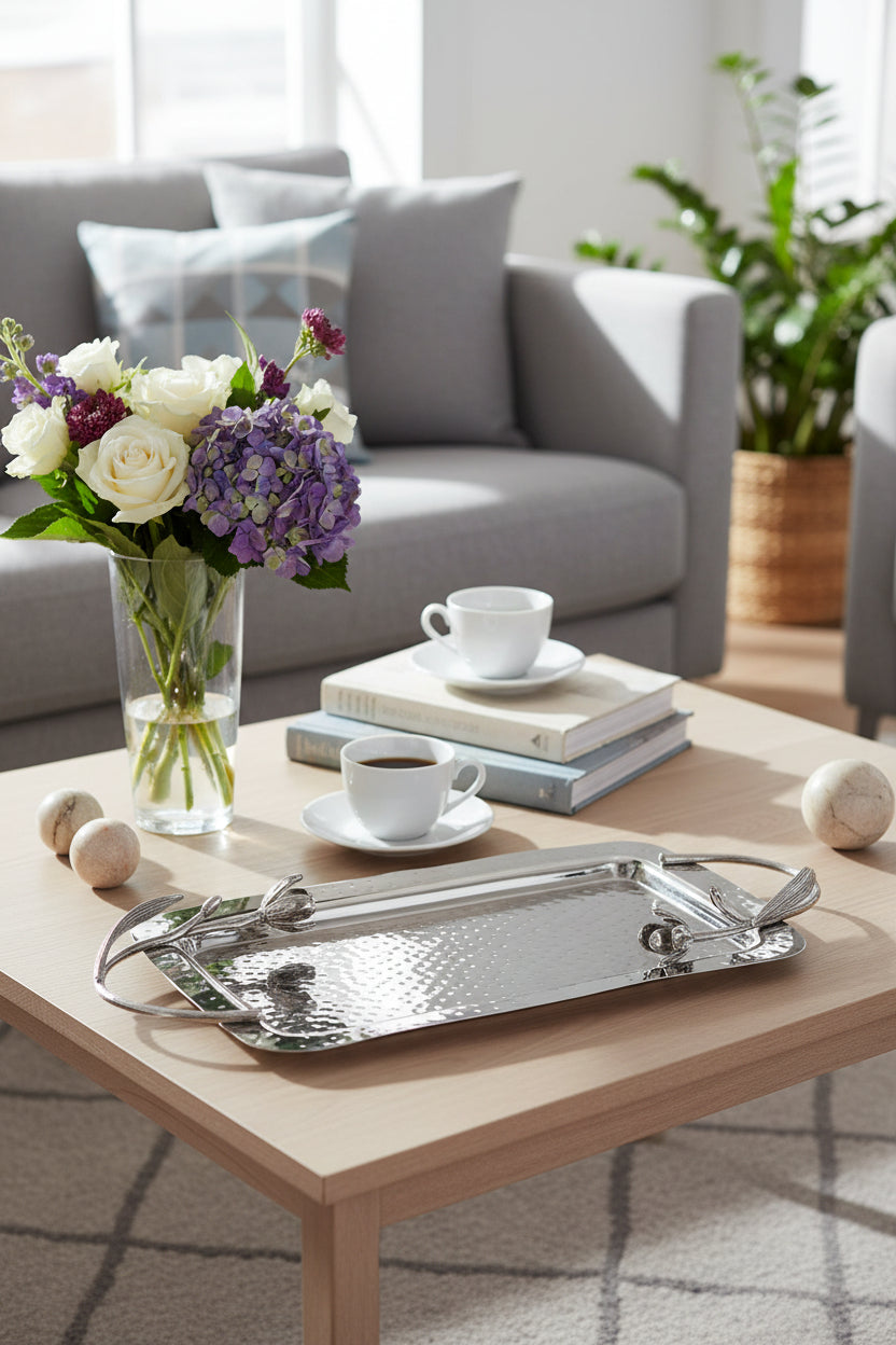Floral Dekoratif Tepsi Silver Büyük