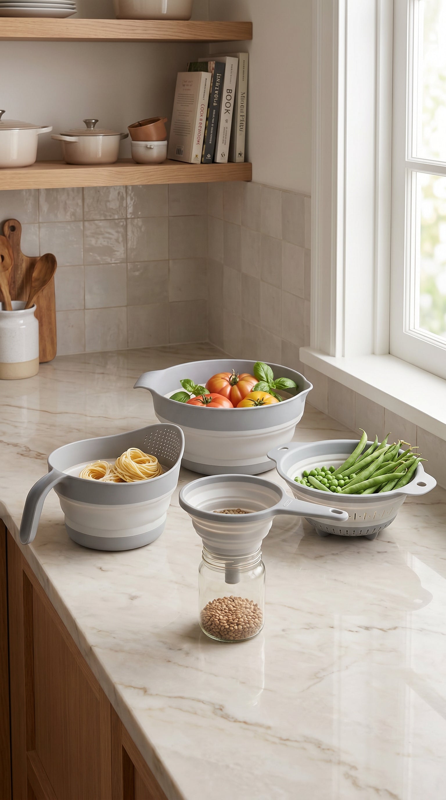 Kitchen Life Katlanabilir Süzgeç Seti – 4 Parça Akordiyon Mutfak Hazırlık Grubu, Gri