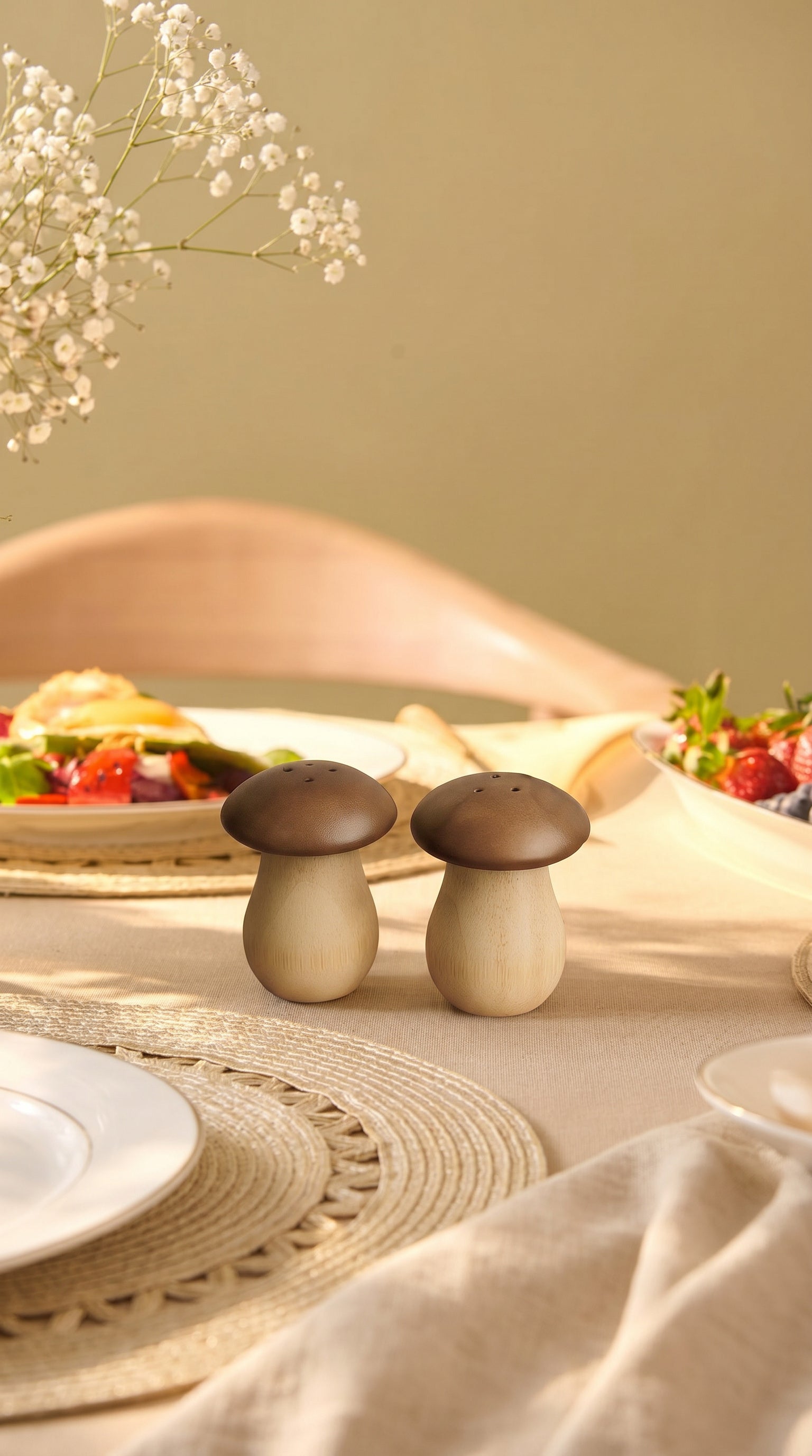 Kitchen Life Doğal Bambu Baharat Takımı – Mantar Tasarımlı Tuzluk & Biberlik