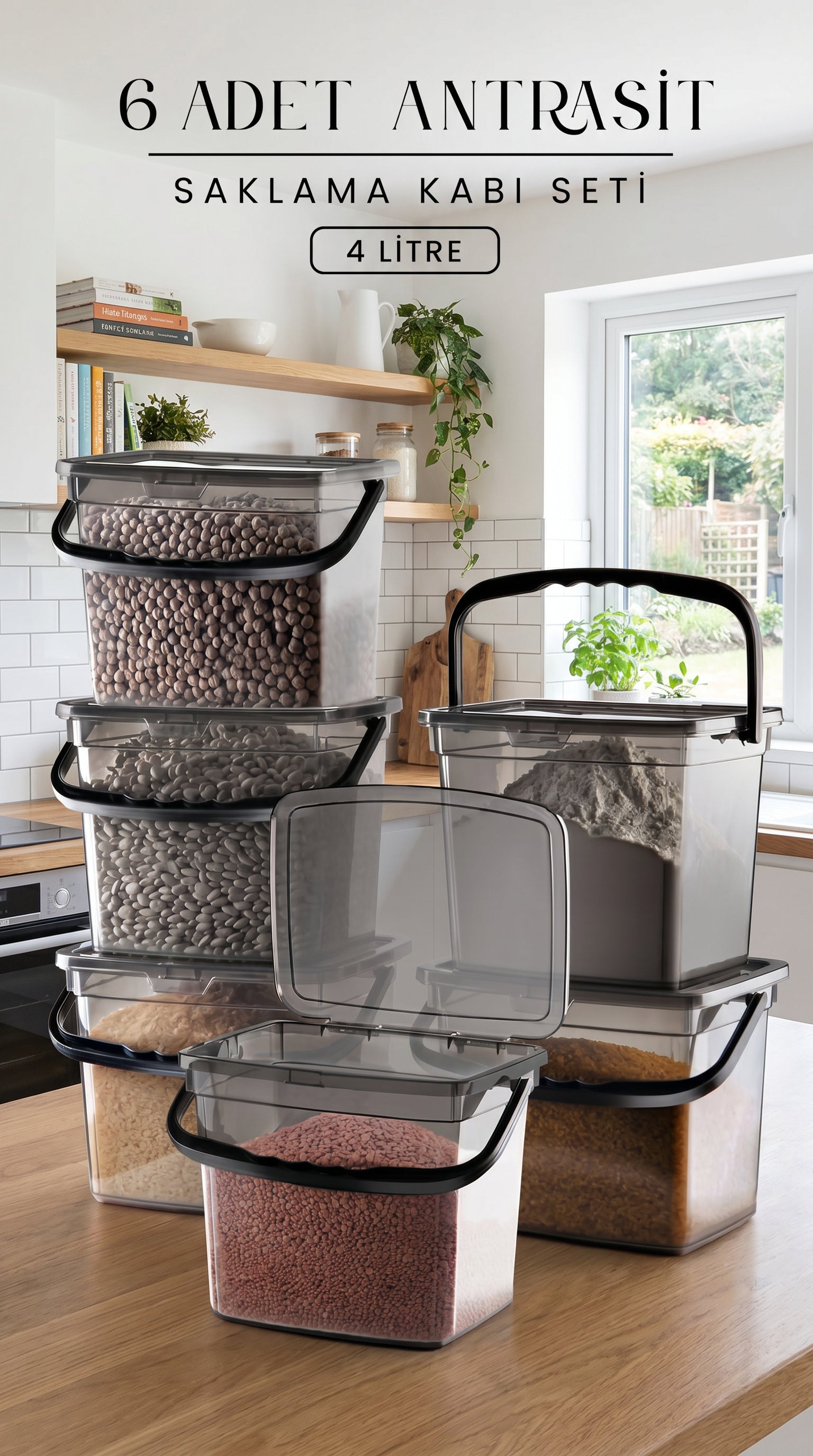 Kitchen Life Kulplu Deterjanlık Seti – 6'lı Mega Boy Un & Bakliyat Kabı, 4 Litre