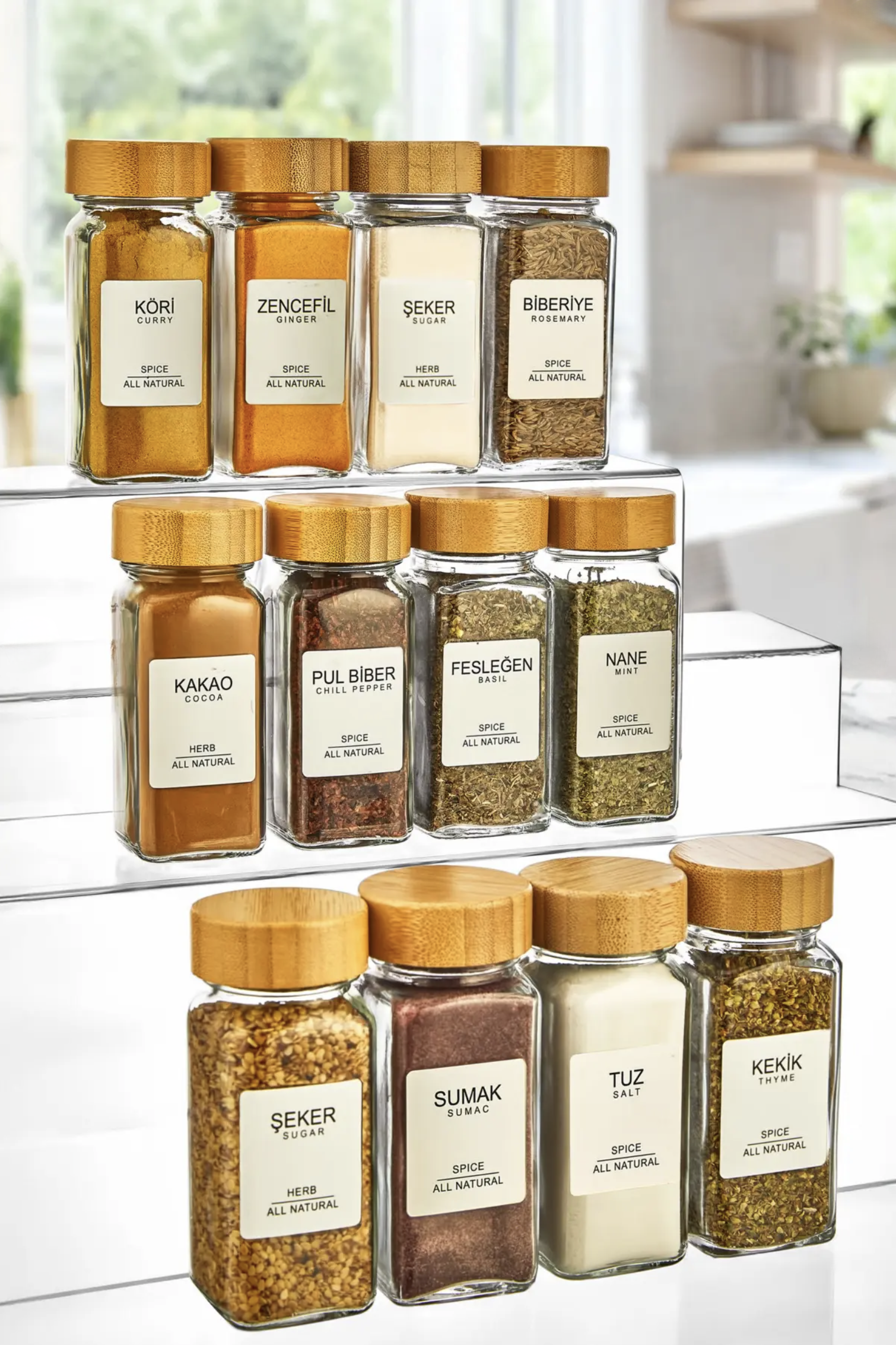 Kitchen Life Bambu Kapaklı Cam Baharatlık – 12 Parça, 40 Etiket Hediyeli