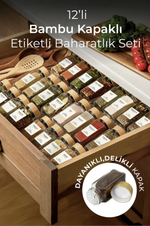 Kitchen Life Bambu Kapaklı Cam Baharatlık – 12 Parça, 40 Etiket Hediyeli
