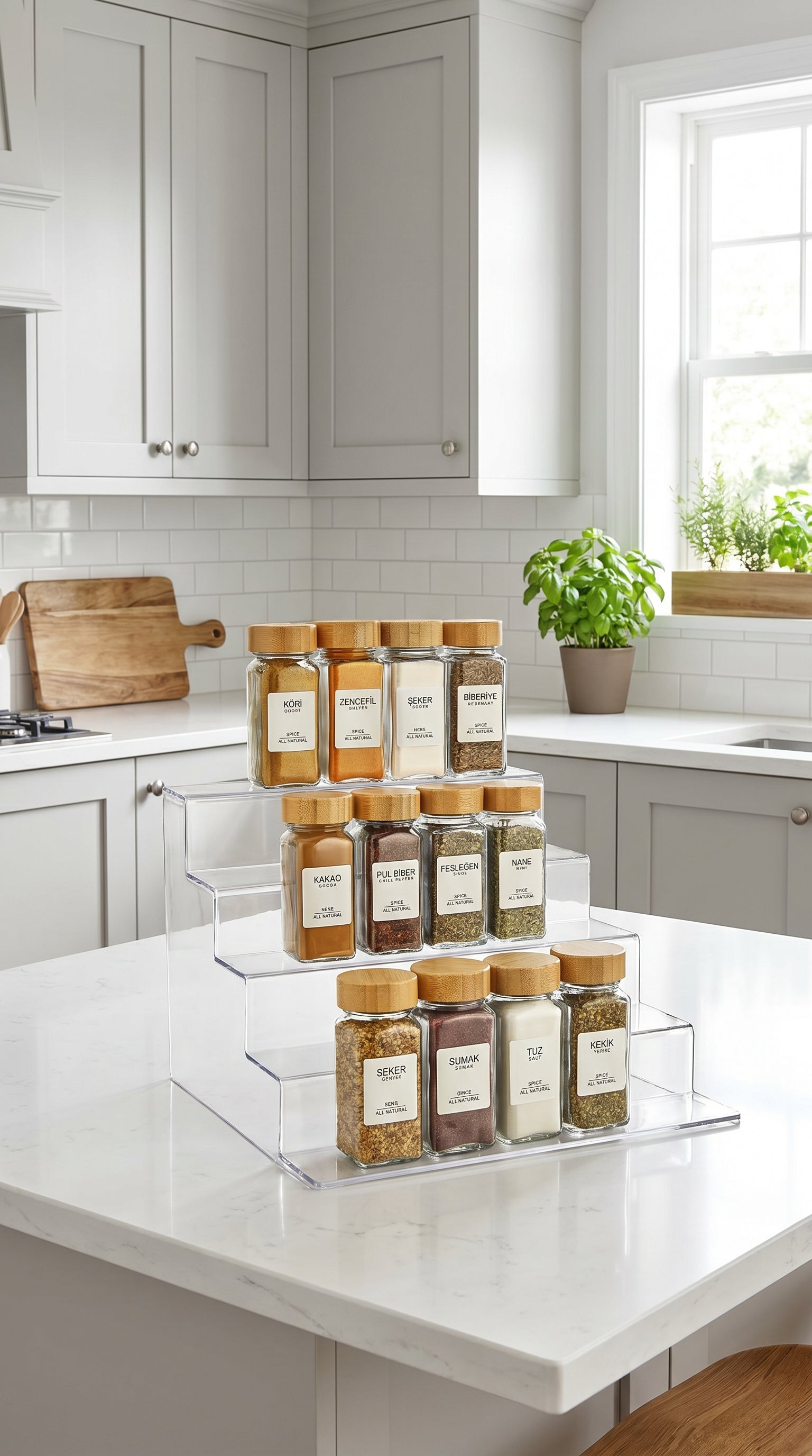 Kitchen Life Bambu Kapaklı Cam Baharatlık – 12 Parça, 40 Etiket Hediyeli