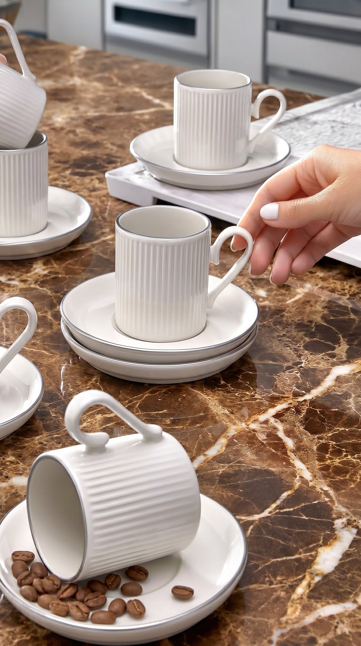Kitchen Life Gümüş Yaldızlı Çizgili Kahve Fincanı Seti – 6 Kişilik 12 Parça, 100 ml