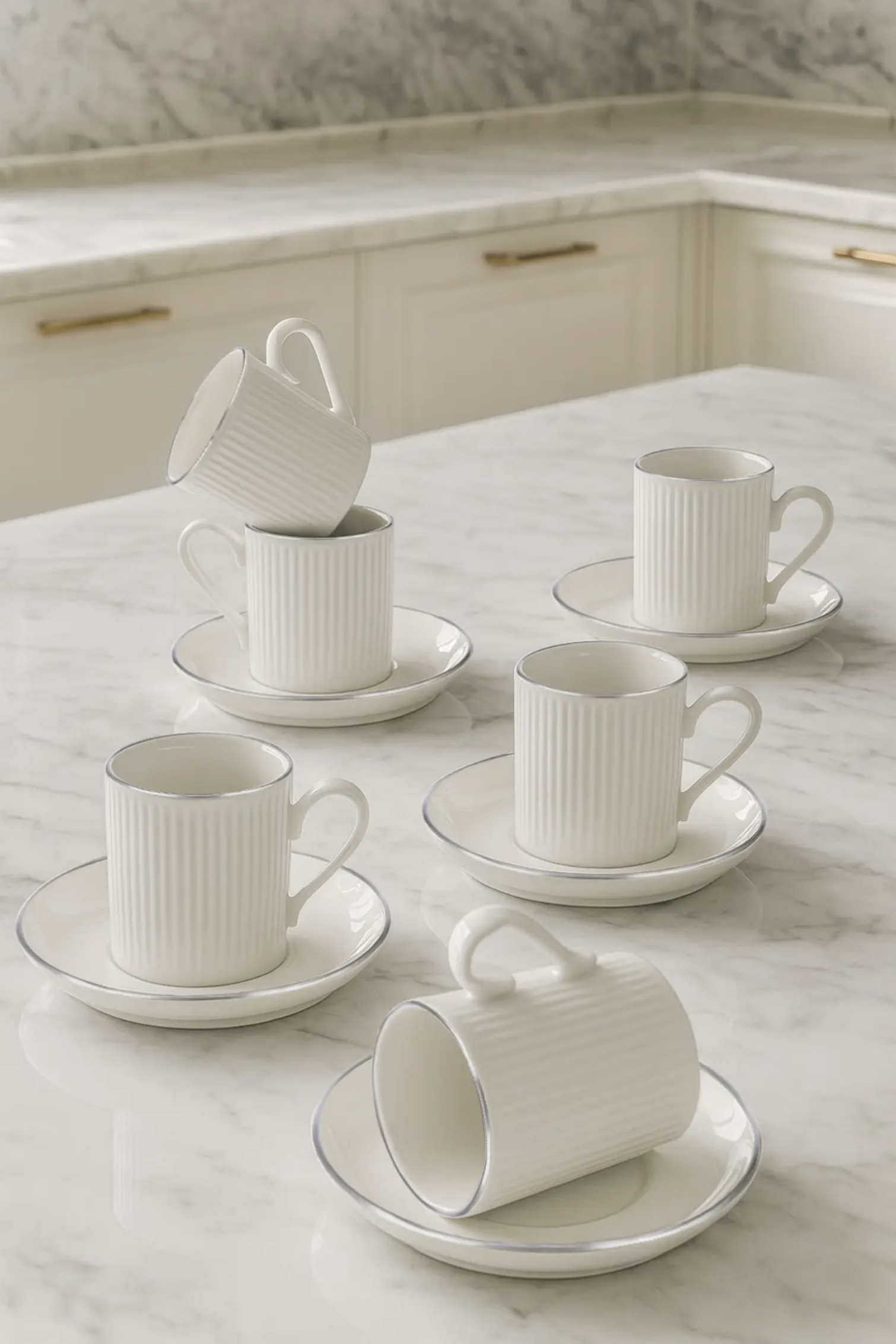 Kitchen Life Gümüş Yaldızlı Çizgili Kahve Fincanı Seti – 6 Kişilik 12 Parça, 100 ml