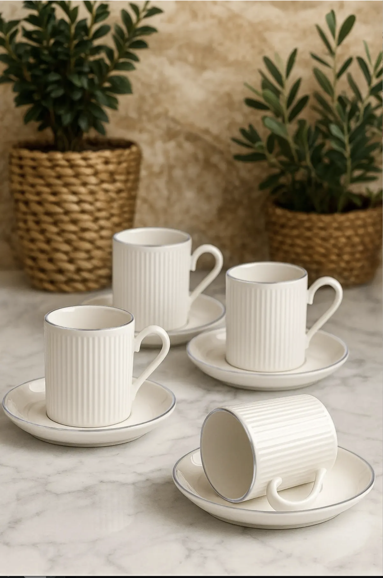 Kitchen Life Gümüş Yaldızlı Çizgili Kahve Fincanı Seti – 6 Kişilik 12 Parça, 100 ml