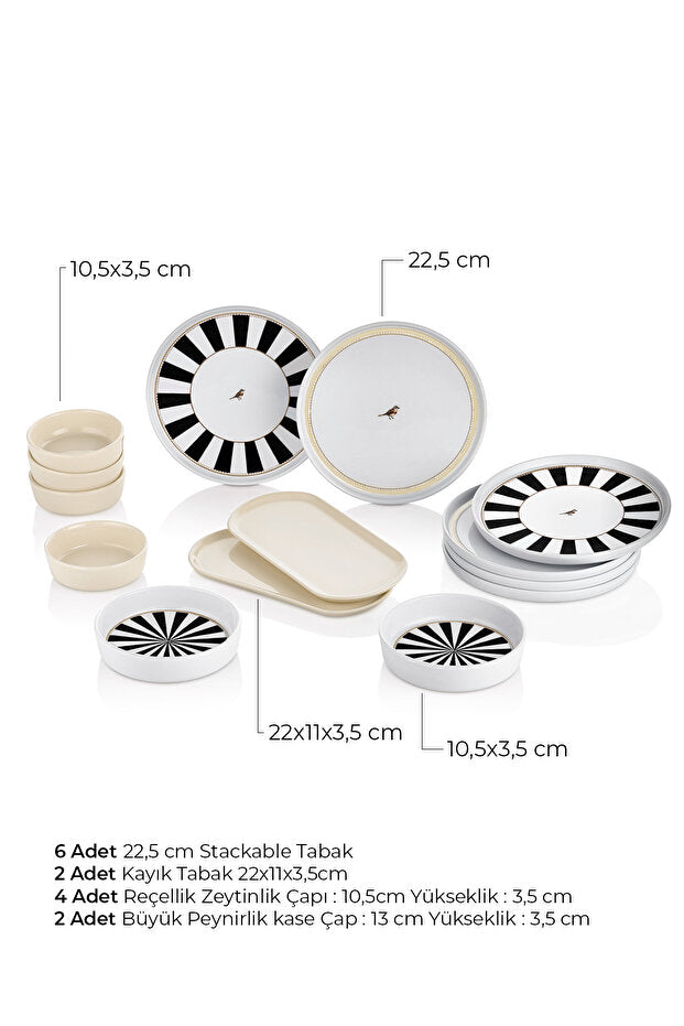 Kitchen Life Black Birds Desenli Kahvaltı Sunum Seti – 6 Kişilik, 14 Parça