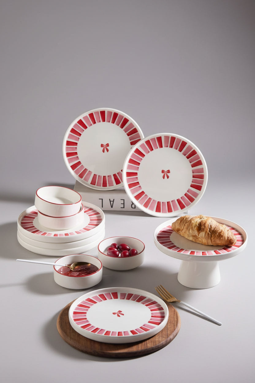 Kitchen Life Ayaklı Kurdele Desenli Kahvaltı Sunum Standı – Pembe Beyaz, 11 Parça