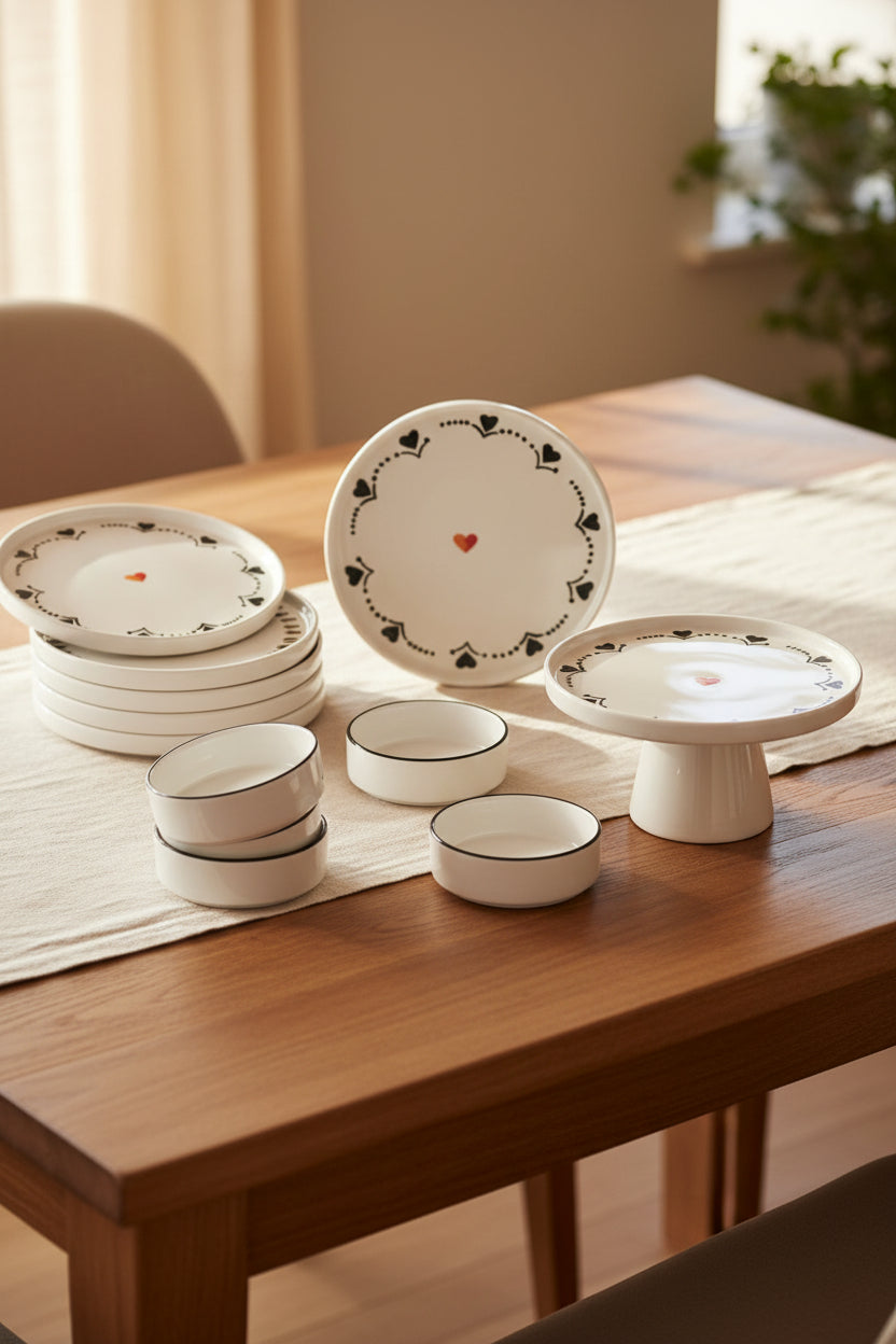 Kitchen Life El Yapımı Siyah Kalp Desenli Kahvaltı Standı – Ayaklı, 11 Parça