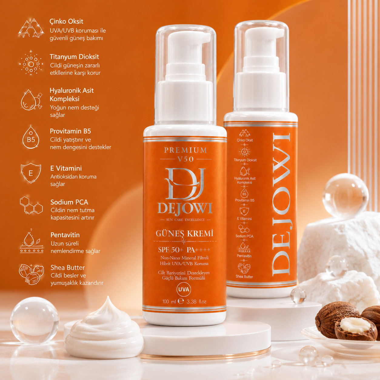 Dejowi V50 Mineral Filtre Destekli Hibrit UVA/UVB Koruma SPF 50+ PA++++ Güneş Kremi 100 ml
