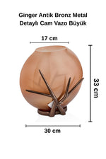Gınger Antik Bronz Metal Detaylı Cam Vazo Büyük
