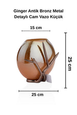 Gınger Antik Bronz Metal Detaylı Cam Vazo Küçük