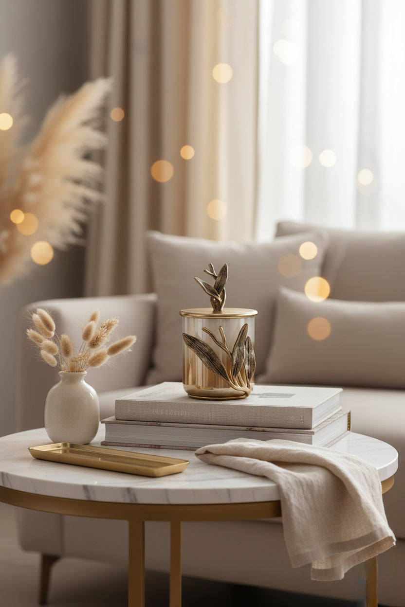 Ivy Antik Gold Detaylı Krem Ombreli Cam Kavanoz Büyük