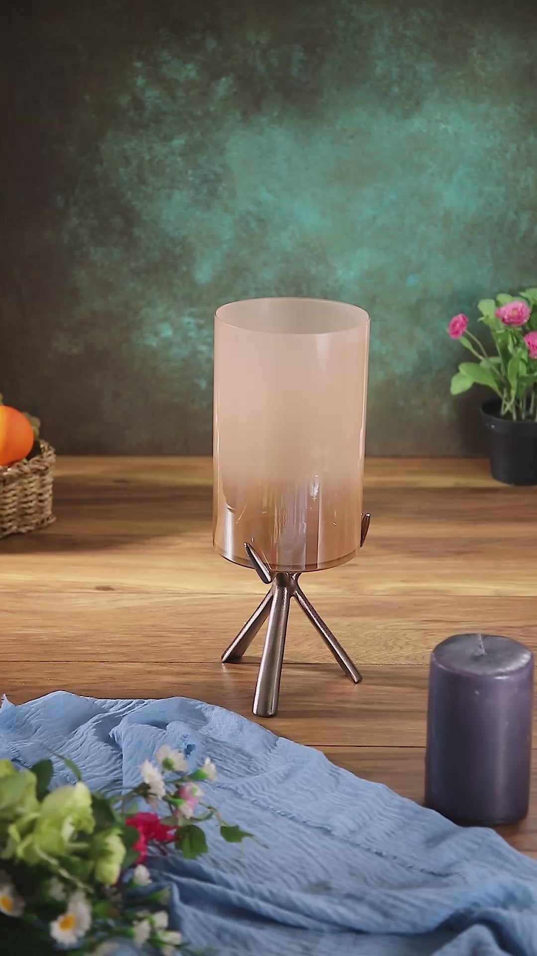 Cornella Ginger Saten Bronz Ayaklı Cam Şamdan Büyük