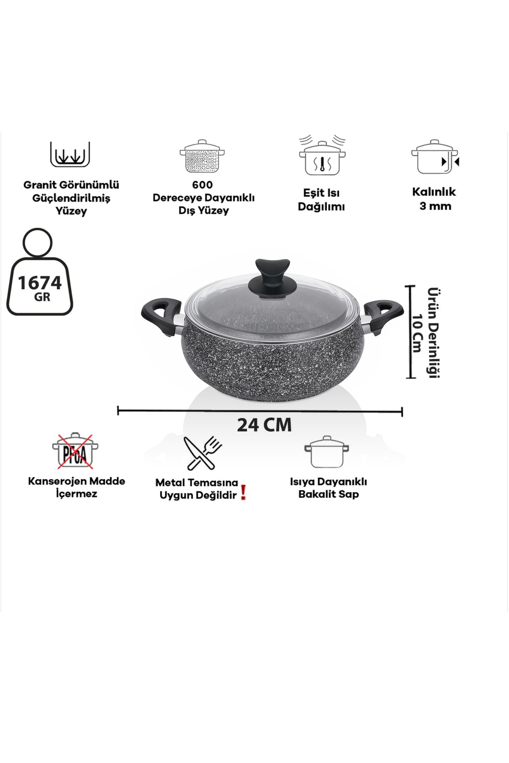 Taç Mastercook Tombik 7 Parça Tencere Seti Gri – Granit, PFAS'sız