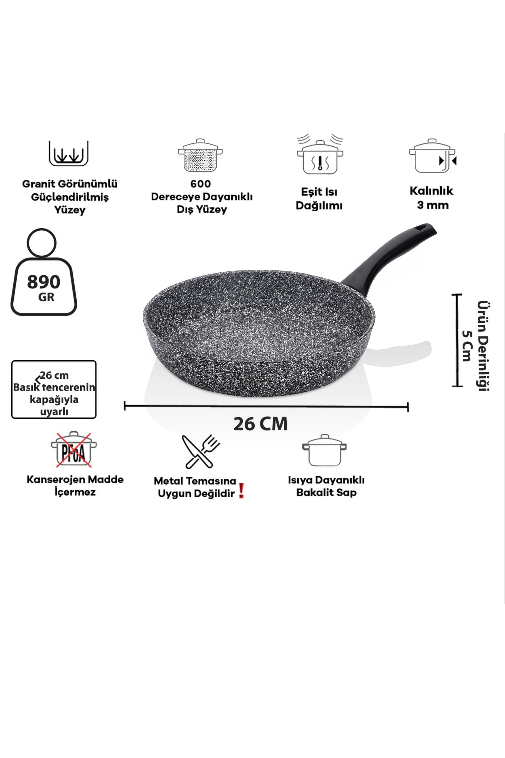 Taç Mastercook Tombik 7 Parça Tencere Seti Gri – Granit, PFAS'sız