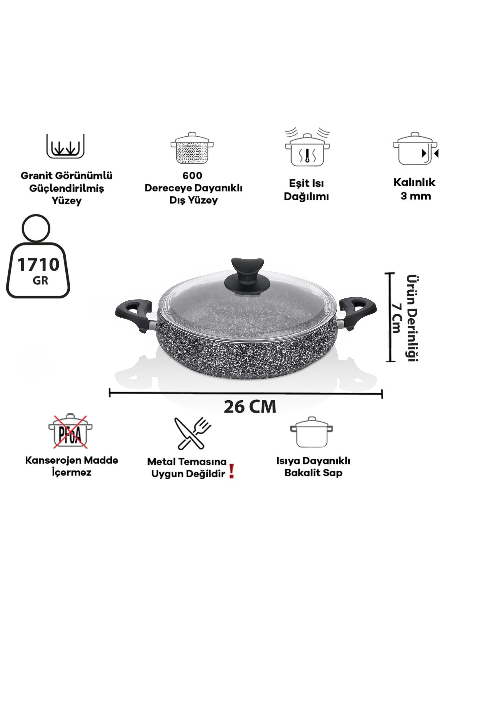 Taç Mastercook Tombik 7 Parça Tencere Seti Gri – Granit, PFAS'sız