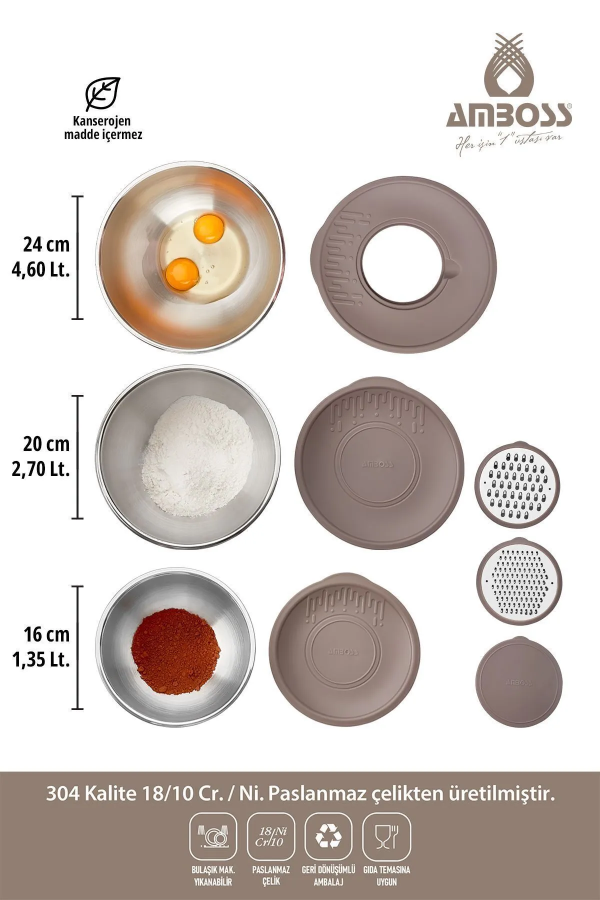 Amboss Satin 9 Parça Paslanmaz Çelik Çok Amaçlı Kase Seti Kahverengi Kapaklı, Rende Seti - 2